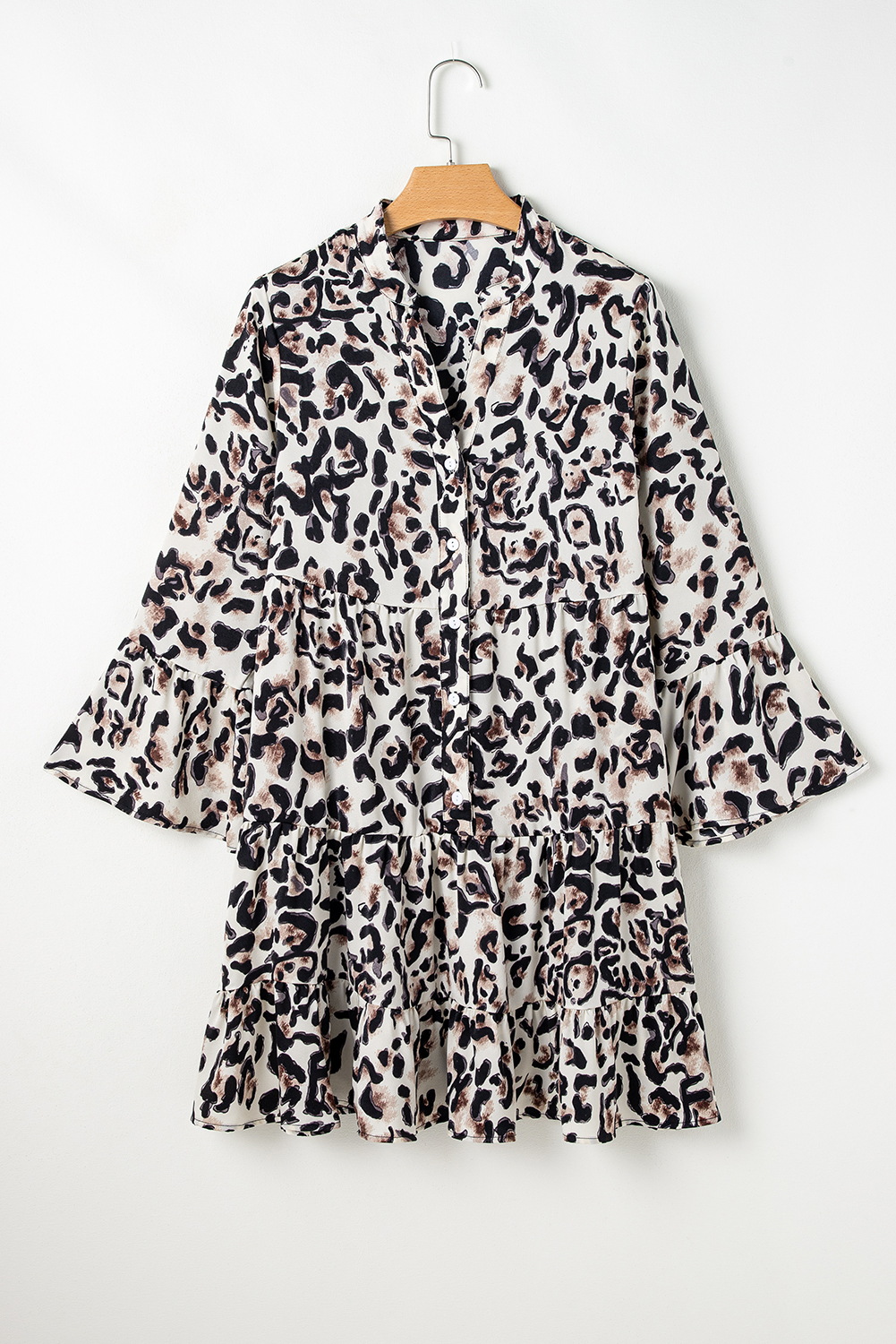 Khaki Leopard Print Buttoned Front 3/4 Sleeve Tiered Ruffled Hem Dress