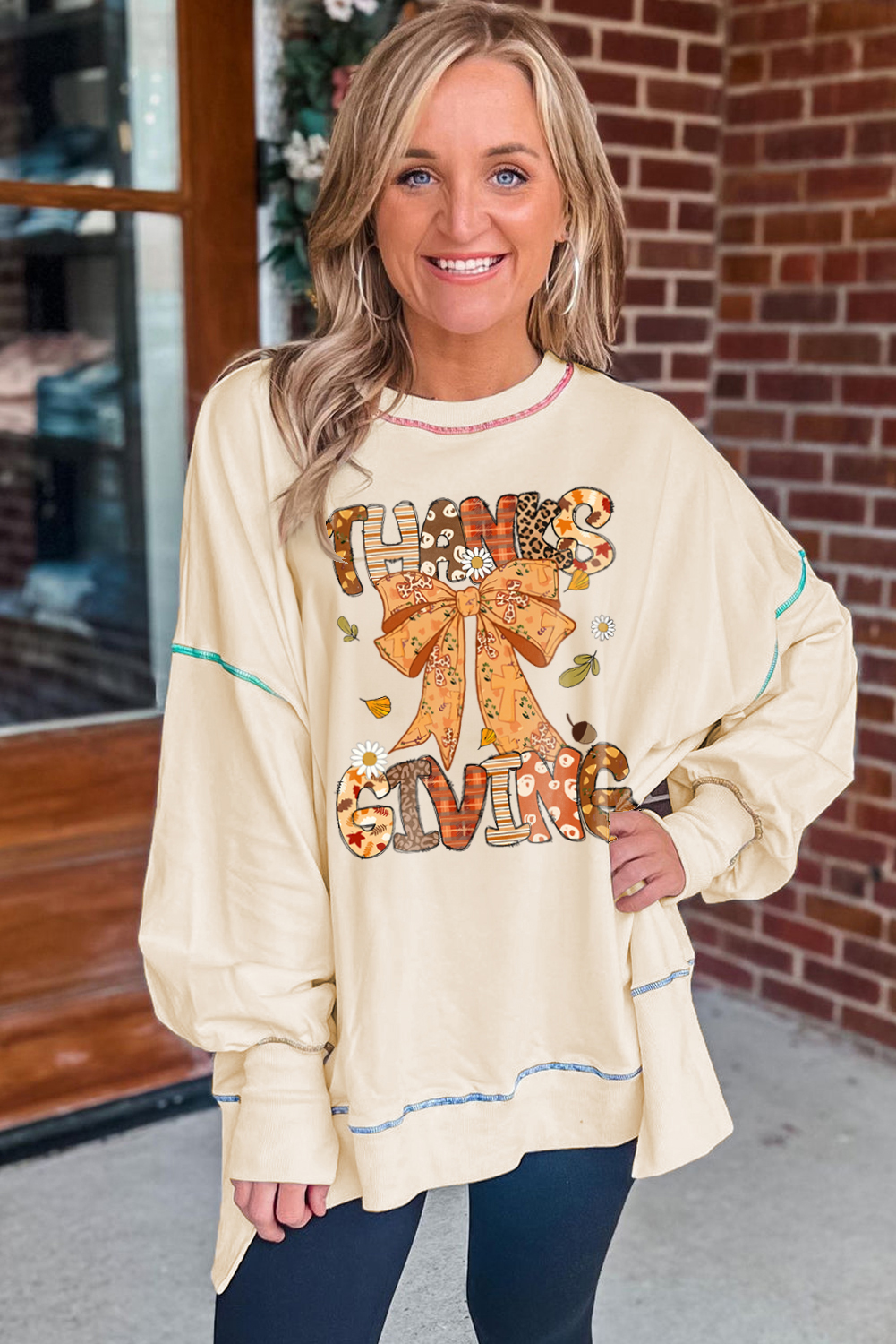 White THANKSGIVING Playful Ribbon Bow Printed Contrast Trim Baggy Sweatshirt