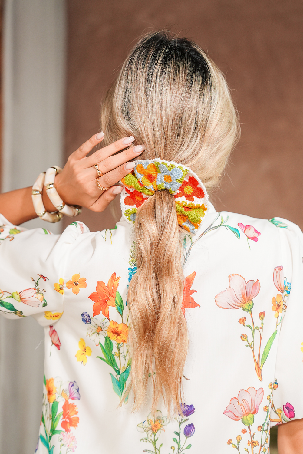 Yellow Bohemian Style Flower Crochet Scrunchy Hair Tie
