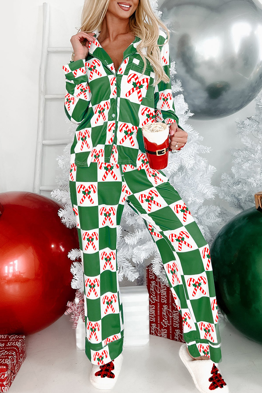 Green Holly Jolly Checkered Pattern 2pcs Long Pajama Set