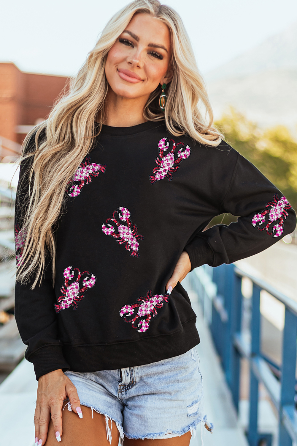 Black Sequin Crawfish Patched Crew Neck Tee