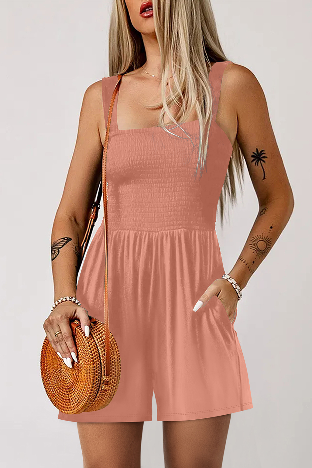 Burgundy Casual Pocketed Smocked Sleeveless Romper