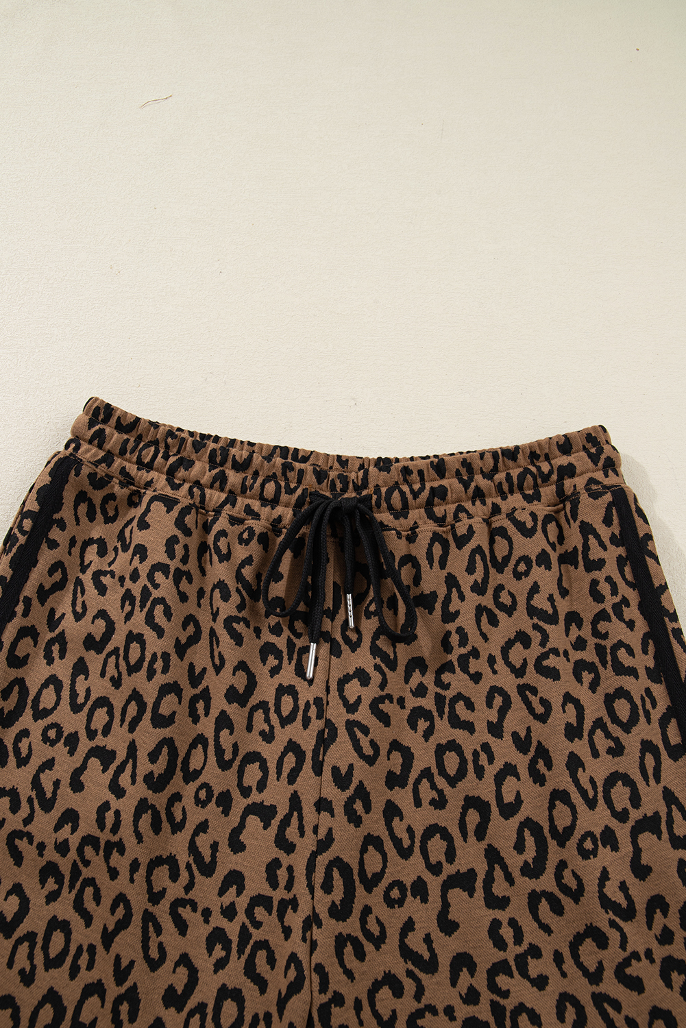 Brown Varsity Striped Trim Leopard Long Sleeve Top Drawstring Pant Set