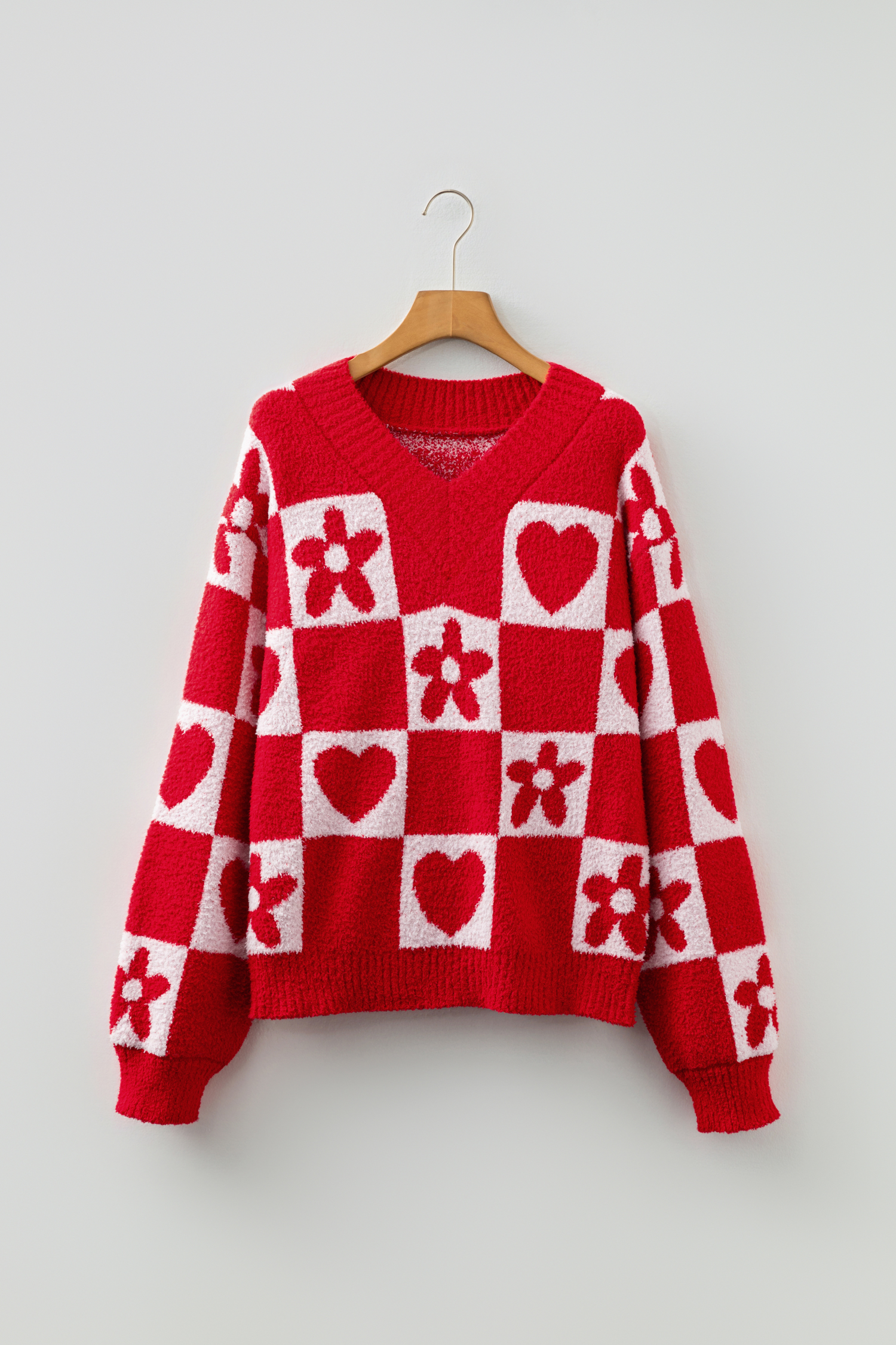 Fiery Red V Neck Flower Heart Detail Checkered Knit Loose Sweater