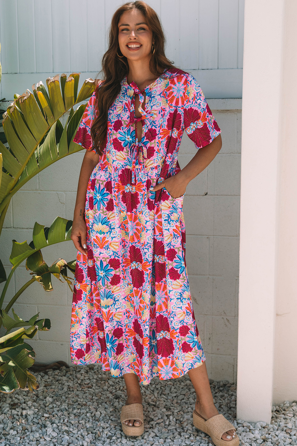 Rose Floral Tied Front High Waist Short Sleeve Loose Long Dress