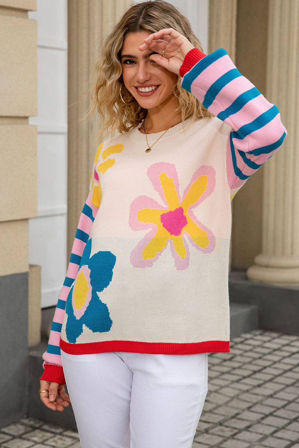 Apricot Cute Flower Pattern Striped Sleeve Sweater