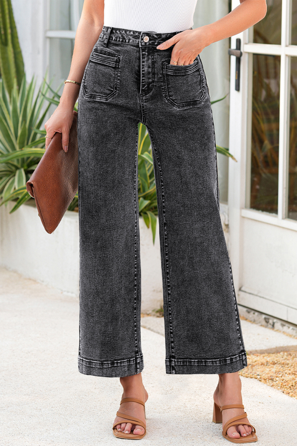 Light Blue Chic Patch Pocket Straight Leg Loose Jeans