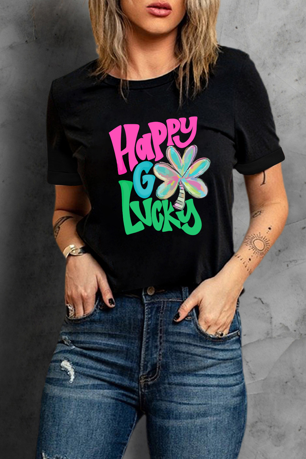 Black St. Patricks Lucky Clover Print O Neck T Shirt