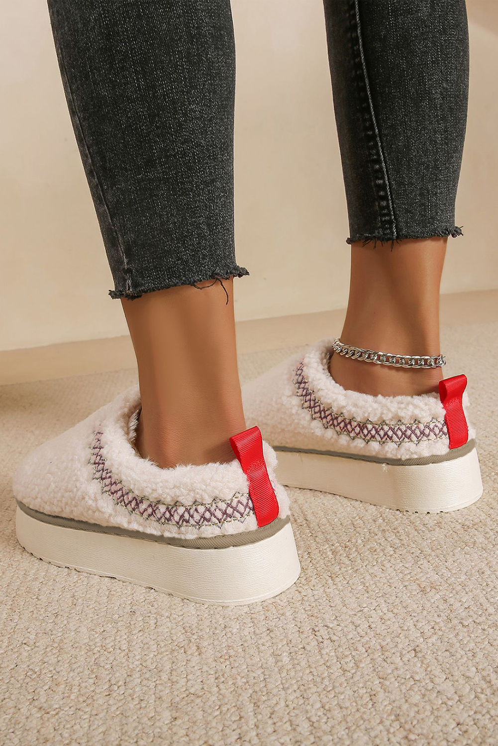 Oatmeal Embroidered Sherpa Plush Thick Sole Snow Boots