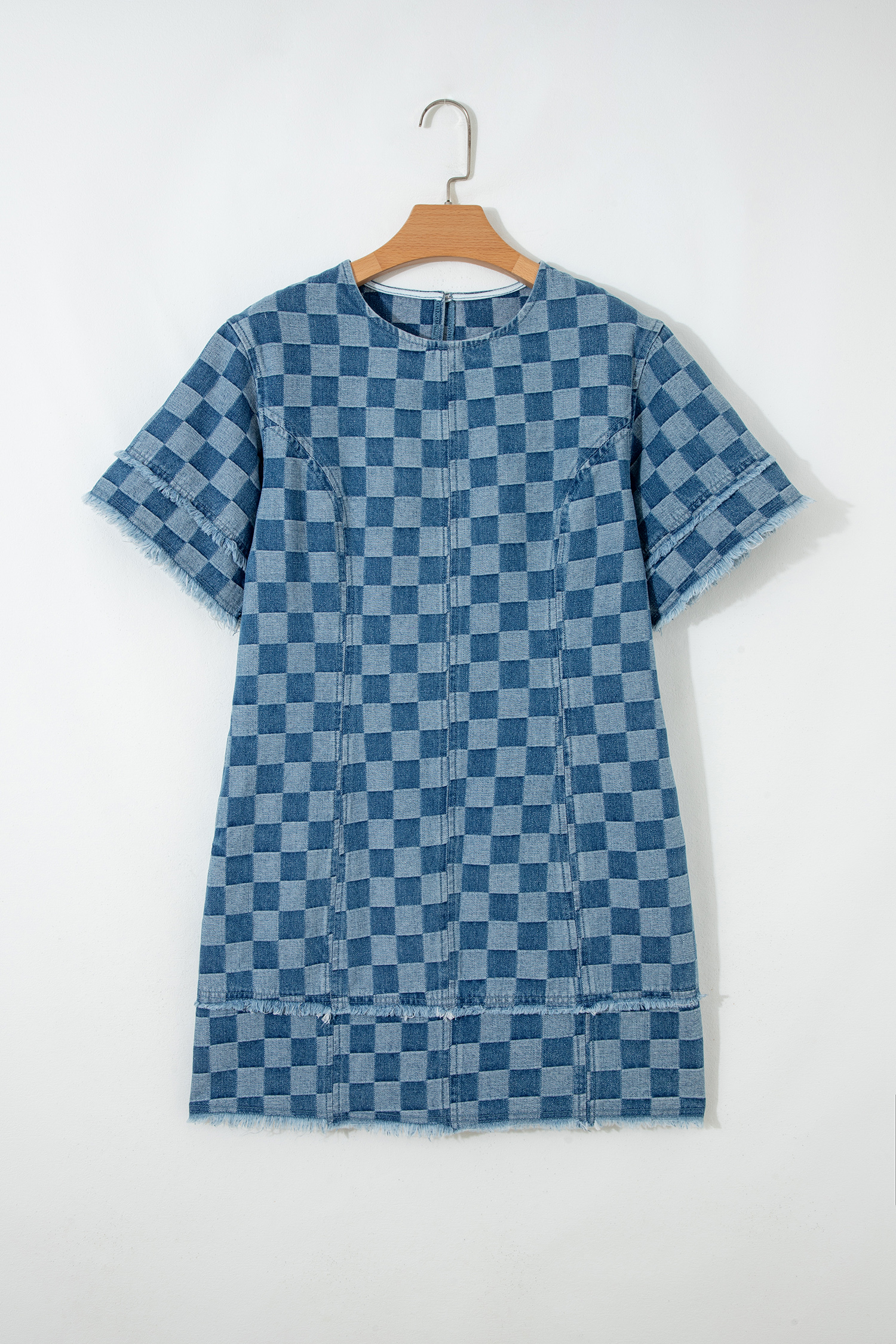 Sky Blue Frayed Hem Checkered Denim Mini Dress
