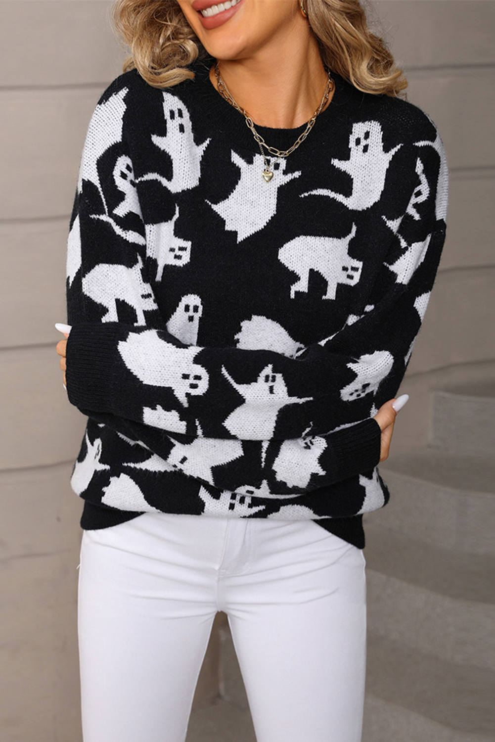 Black Halloween Ghost Allover Drop Shoulder Holiday Sweater