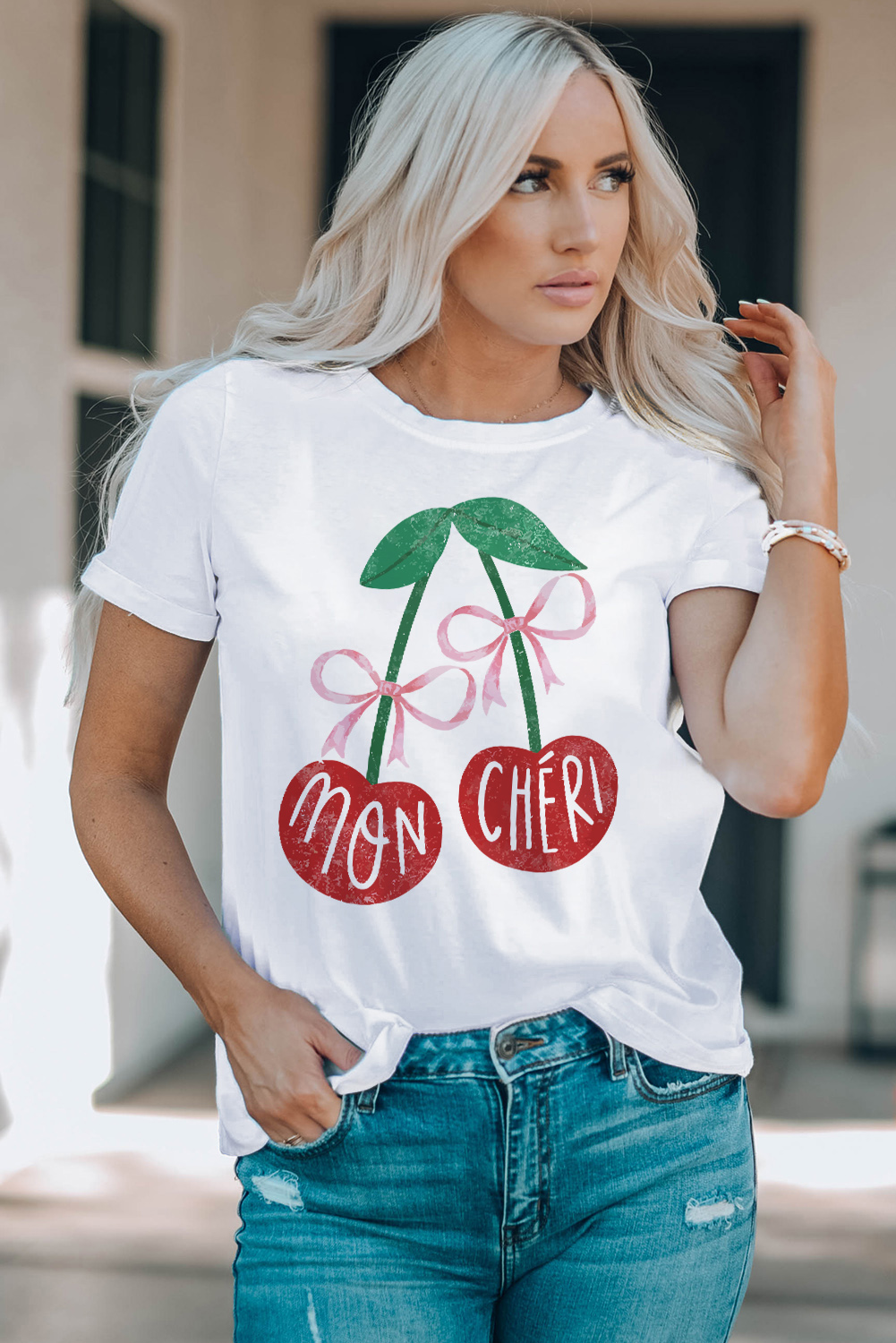Pink Bow Cherry Print Crew Neck Casual T Shirt