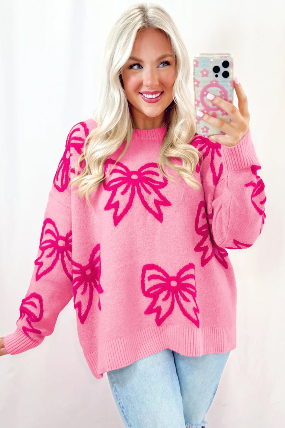 Golden Fleece Bow Pattern Drop Shoulder Loose Sweater