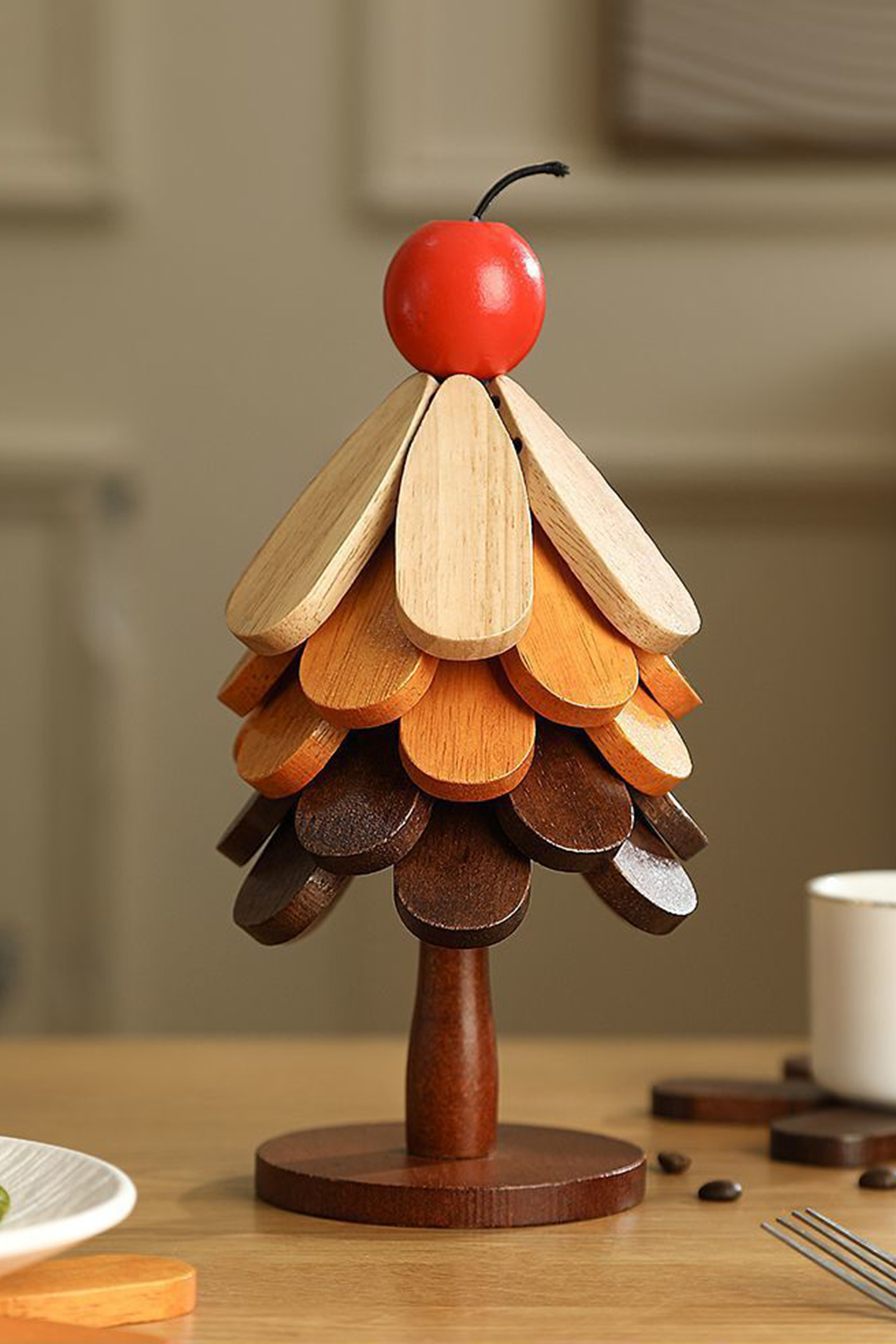 Fiery Red Cherry Wooden Trivets Christmas Tree 5pcs Heat Resistant Coaster