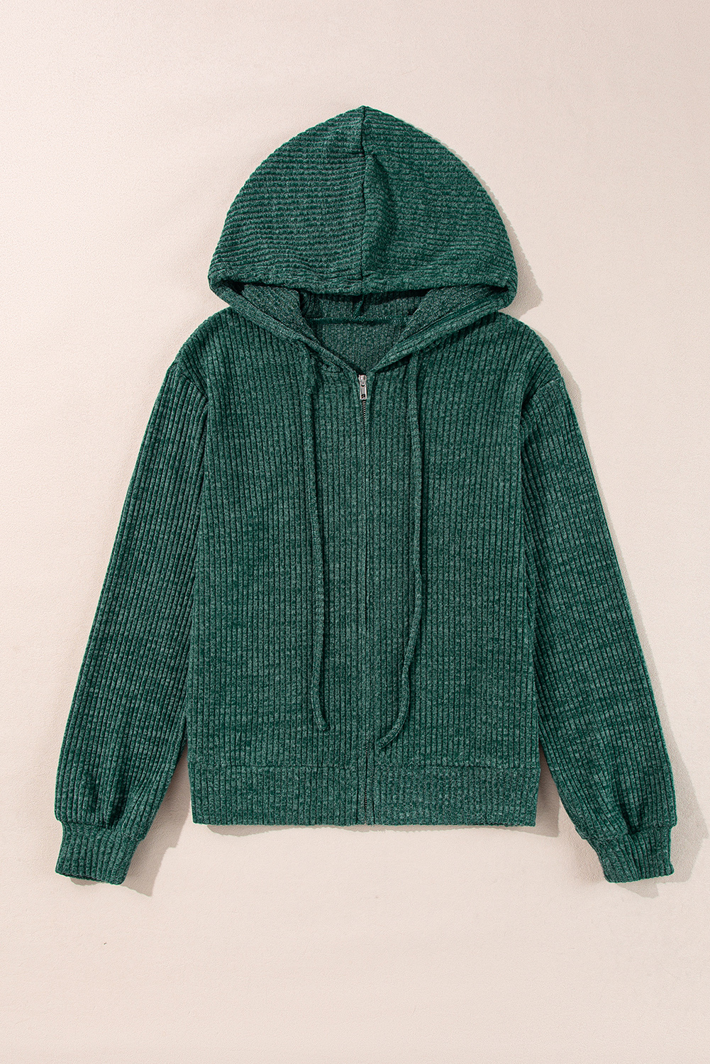Dark Grey Ribbed Zip Up Front Drawstring Hoodie