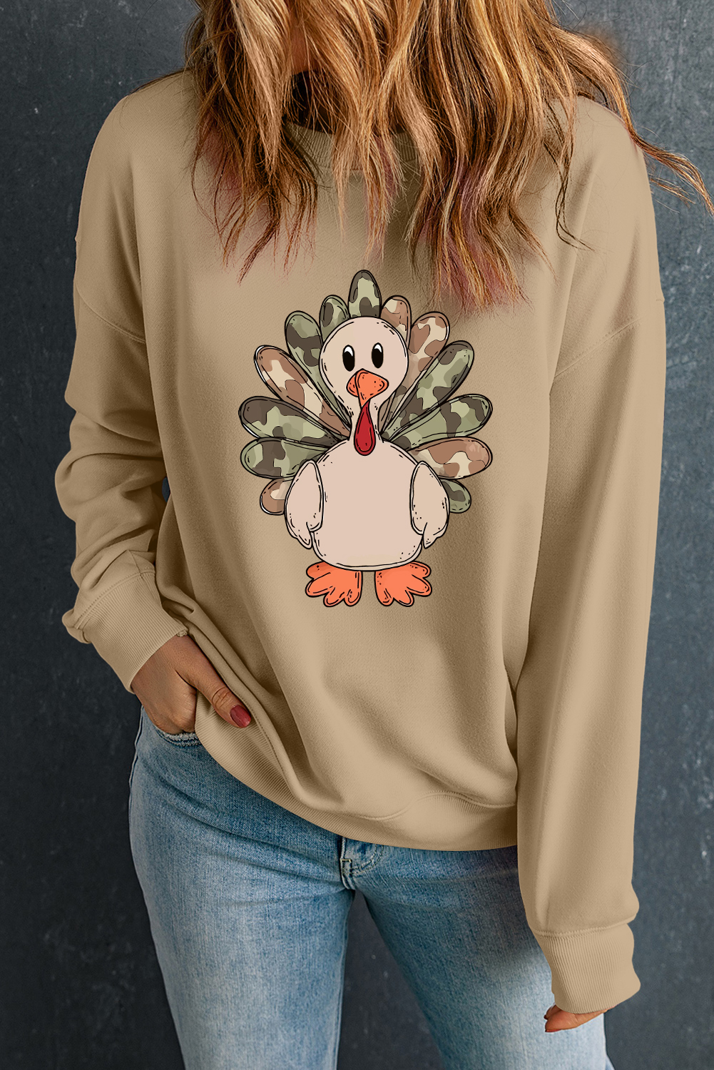 Khaki Camouflage Turkey Print Thanksgiving Fashion Graphic Sweatshirt
