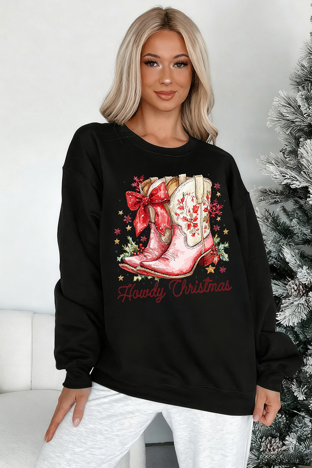 Black Howdy Christmas Cowgirls Boots Printed Baggy Sweatshirt