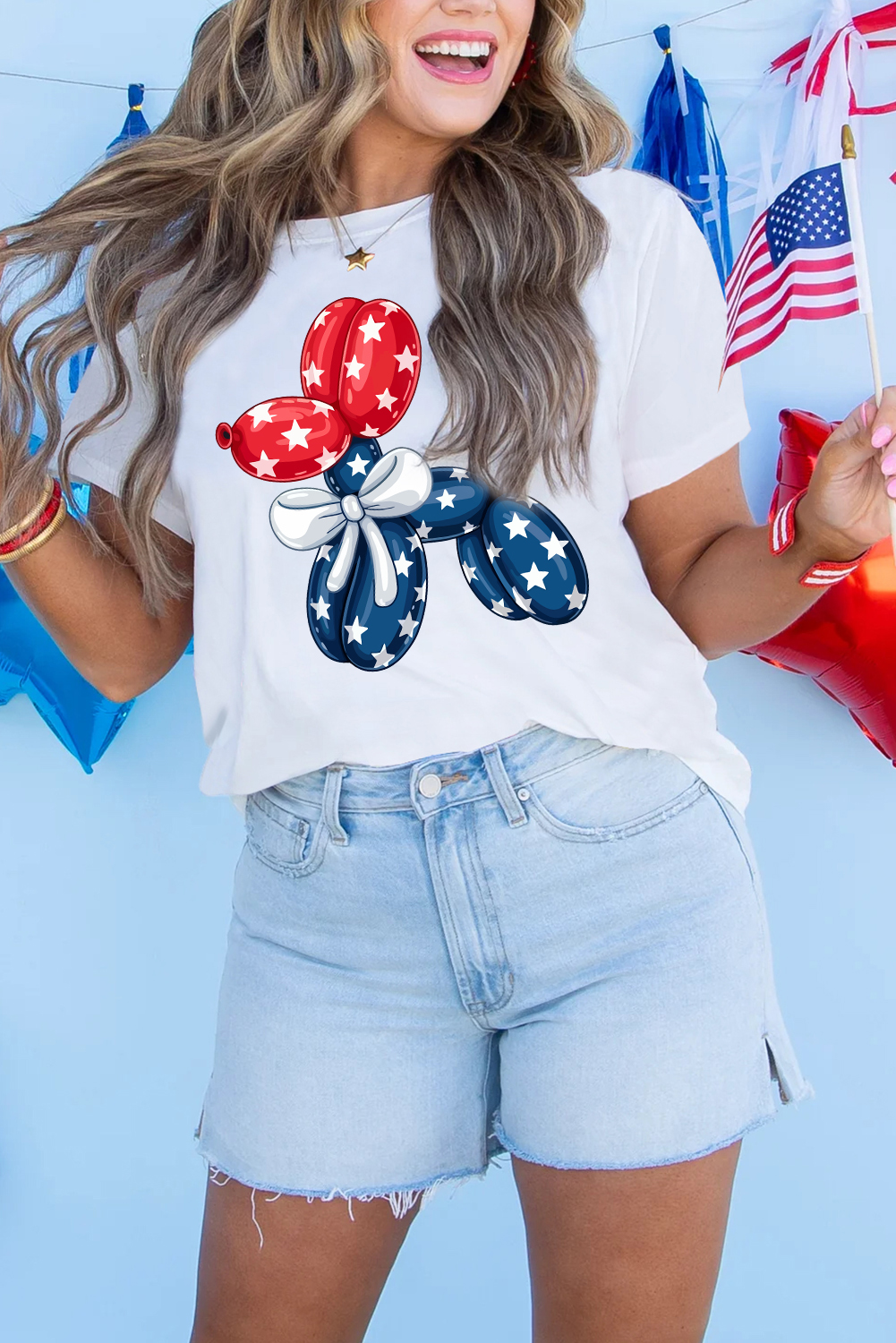 White American Flag Inspired Balloon Dog Graphic Cotton Blend T Shirt
