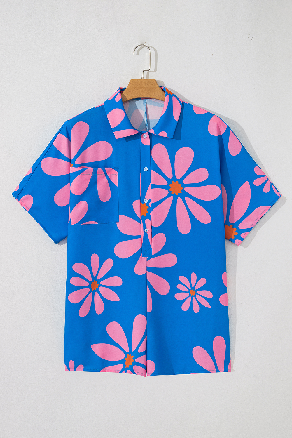 Blue Summer Flower Print Shirt Collar Button Front Loose Romper