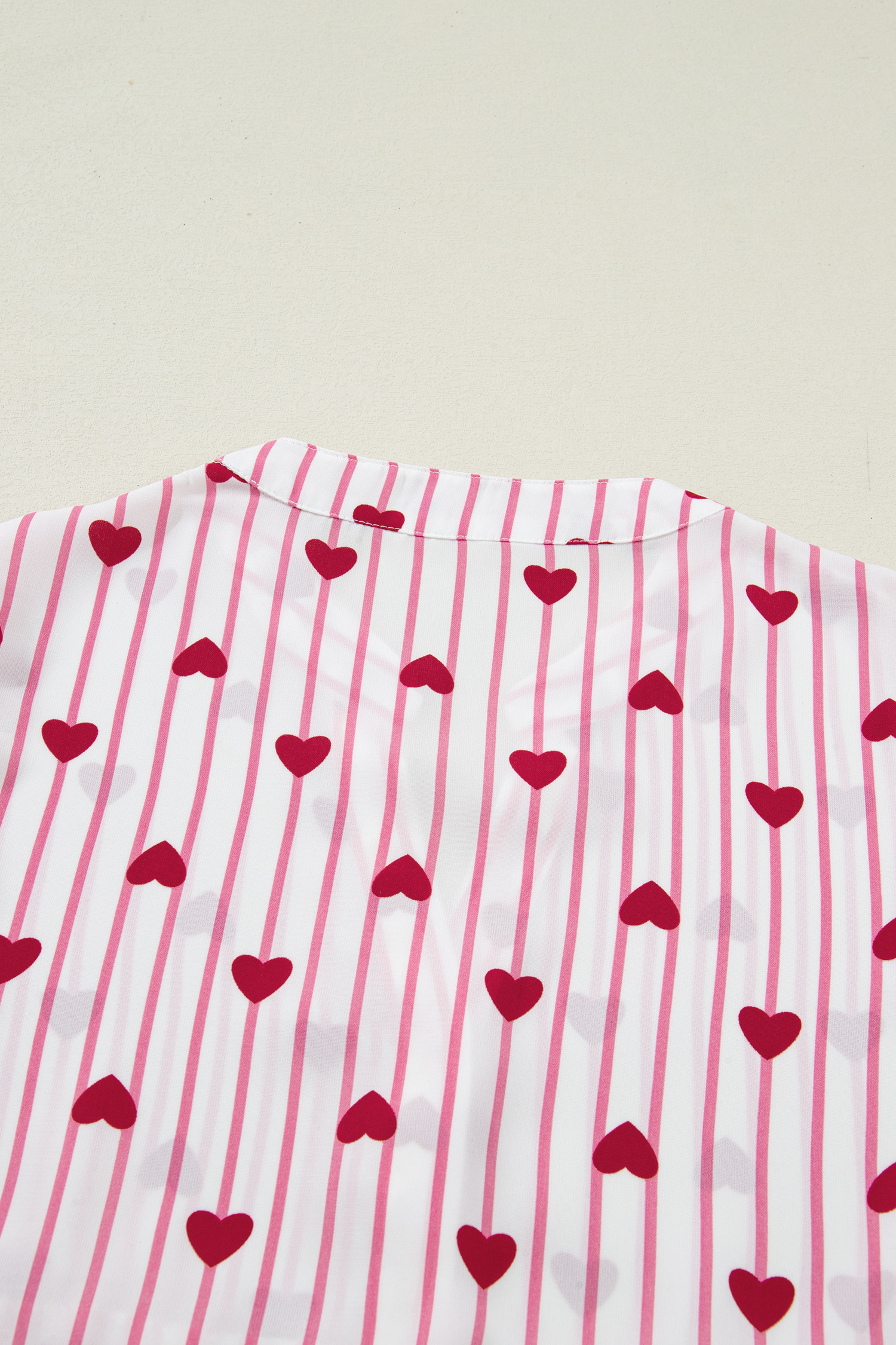 Pink Stripe Textured Heart Print Long Flounce Sleeve Shirt