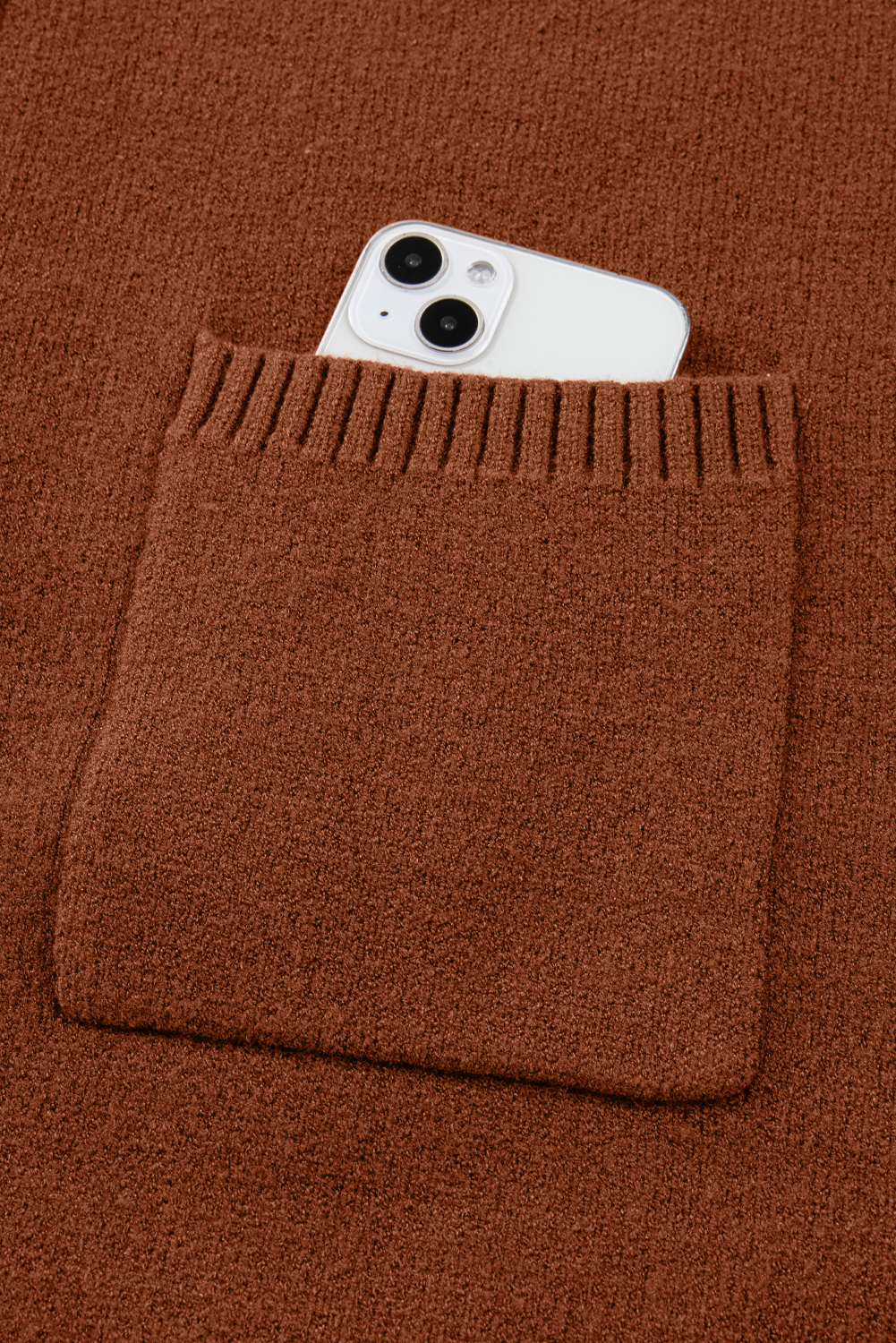 Fiery Red Ribbed High Neck Front Pockets Center Seam Shift Sweater Dress