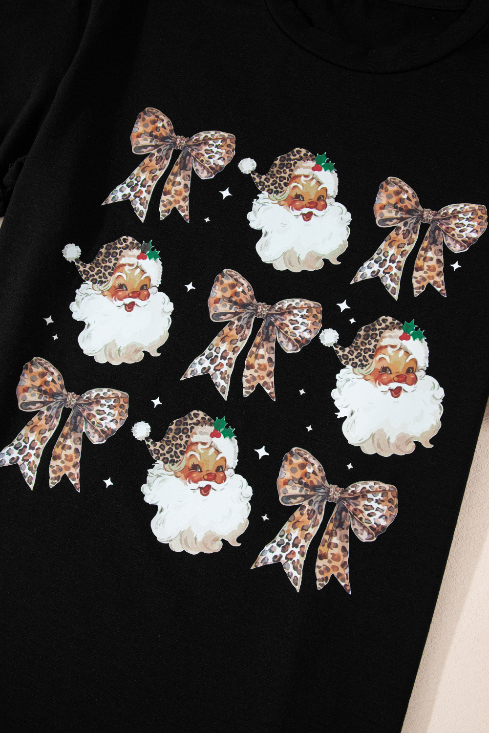 Black Santa Claus Leopard Bow Print Crew Neck Casual T Shirt