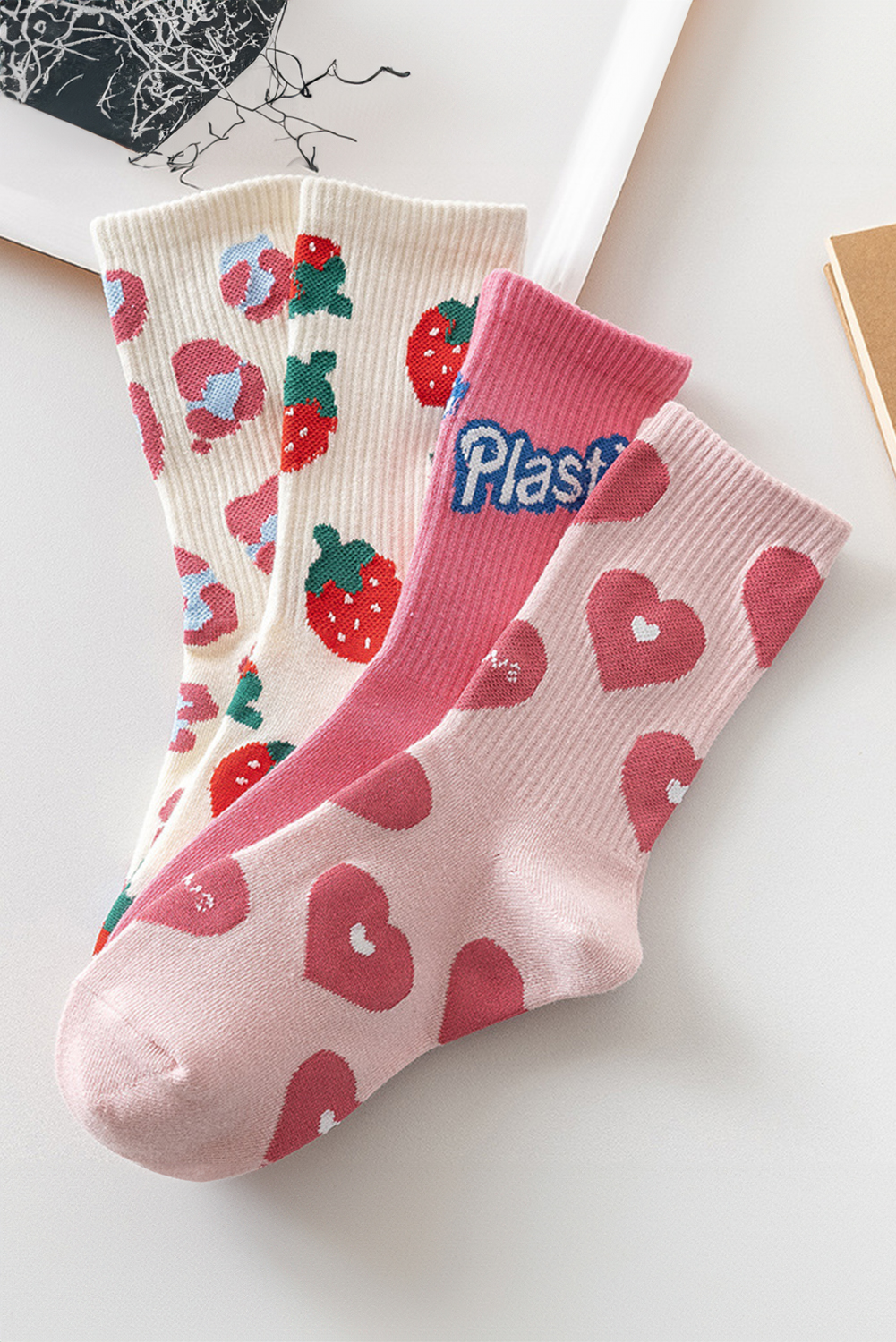 Light Pink Heart Print Ribbed Trim Soft Crew Socks