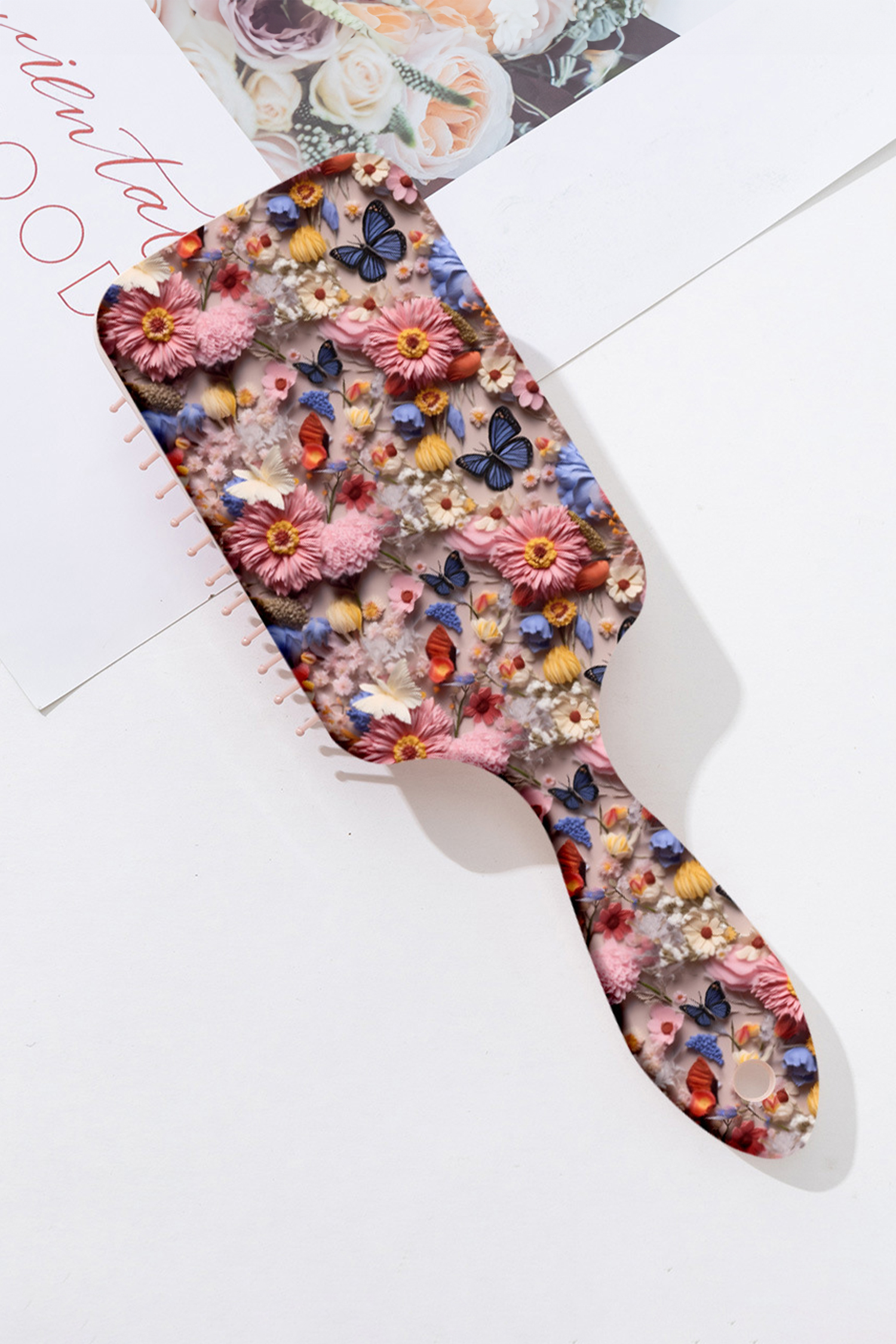 Peach Blossom 3D Flower Butterfly Printed Large Detangle Paddle Hair Brush Comb