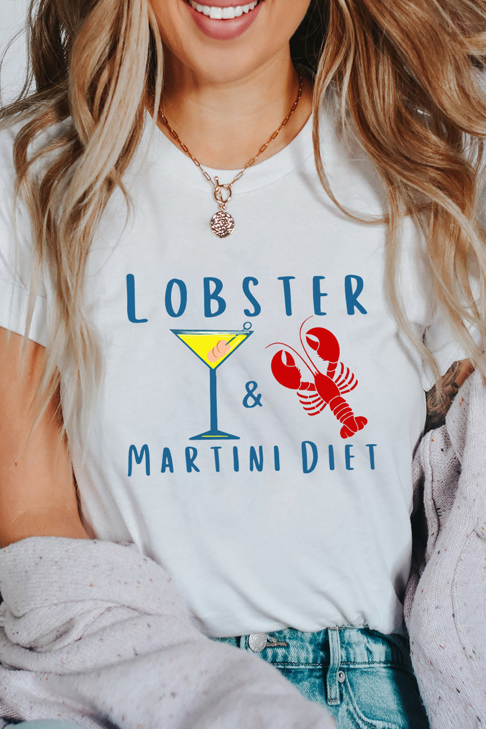 White LOBSTER MARTINI DIET Cocktail & Crawfish Print T Shirt