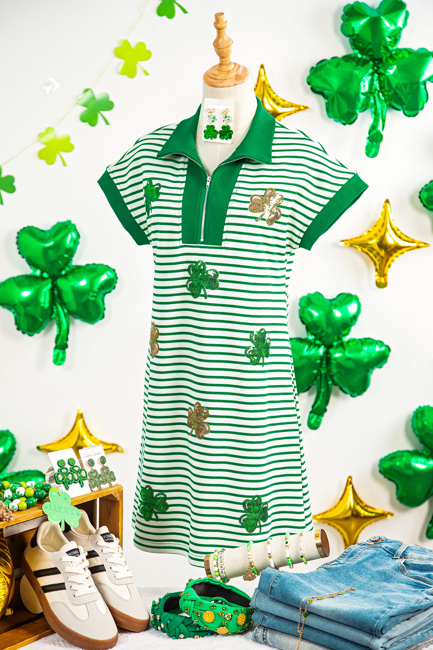 Green Stripe Magic St Patricks Day Sequin Graphic Zip Polo Tee Dress