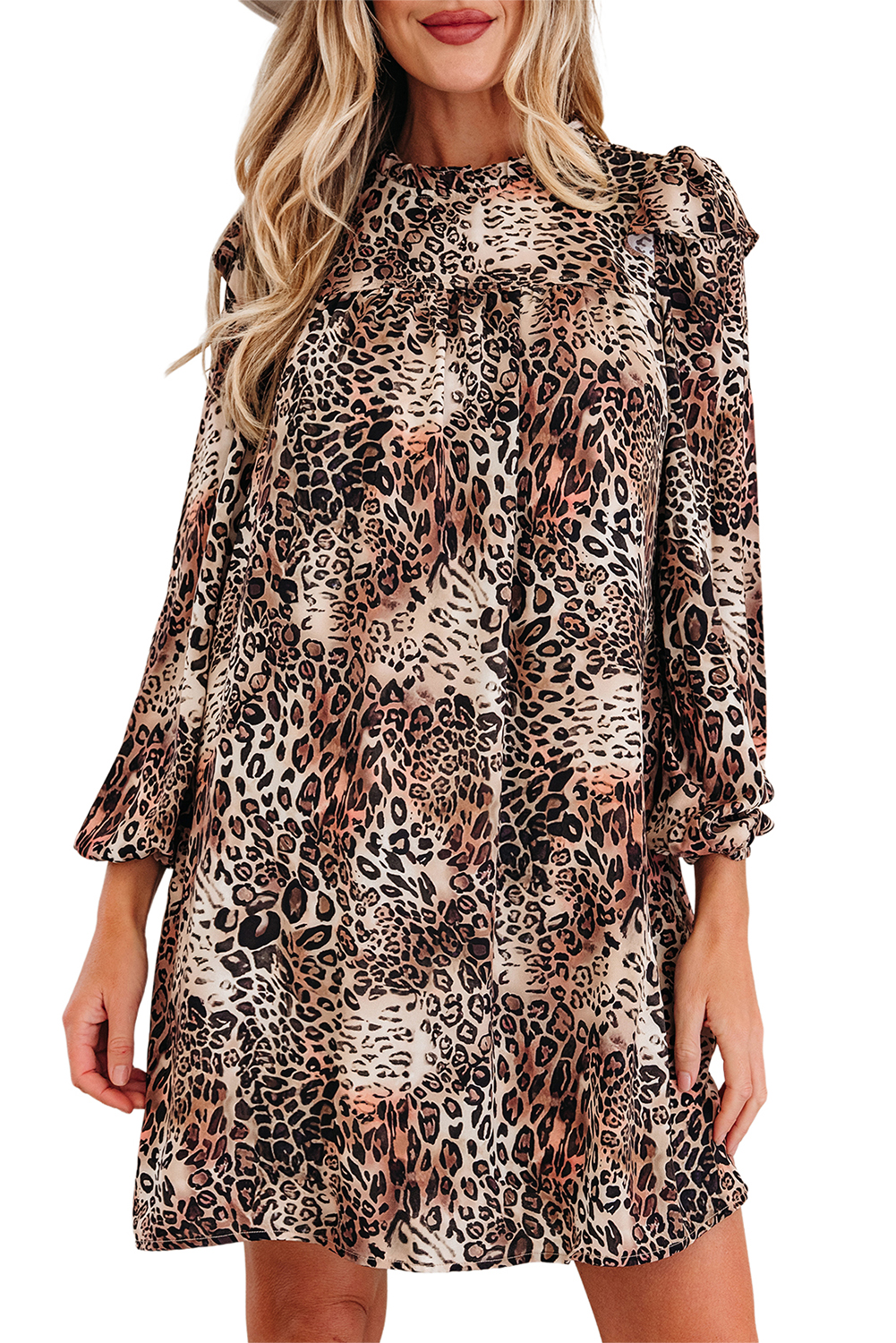 Brown Leopard Ruffled Detail Long Sleeve Loose Mini Dress