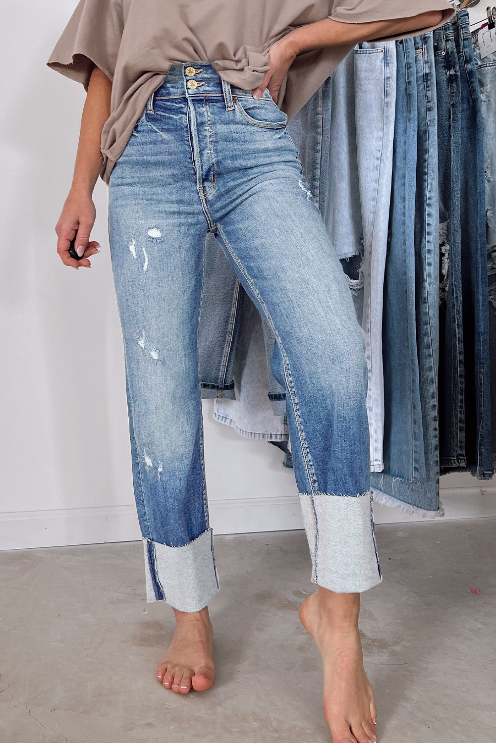 High Waist Distressed Straight Leg Jeans