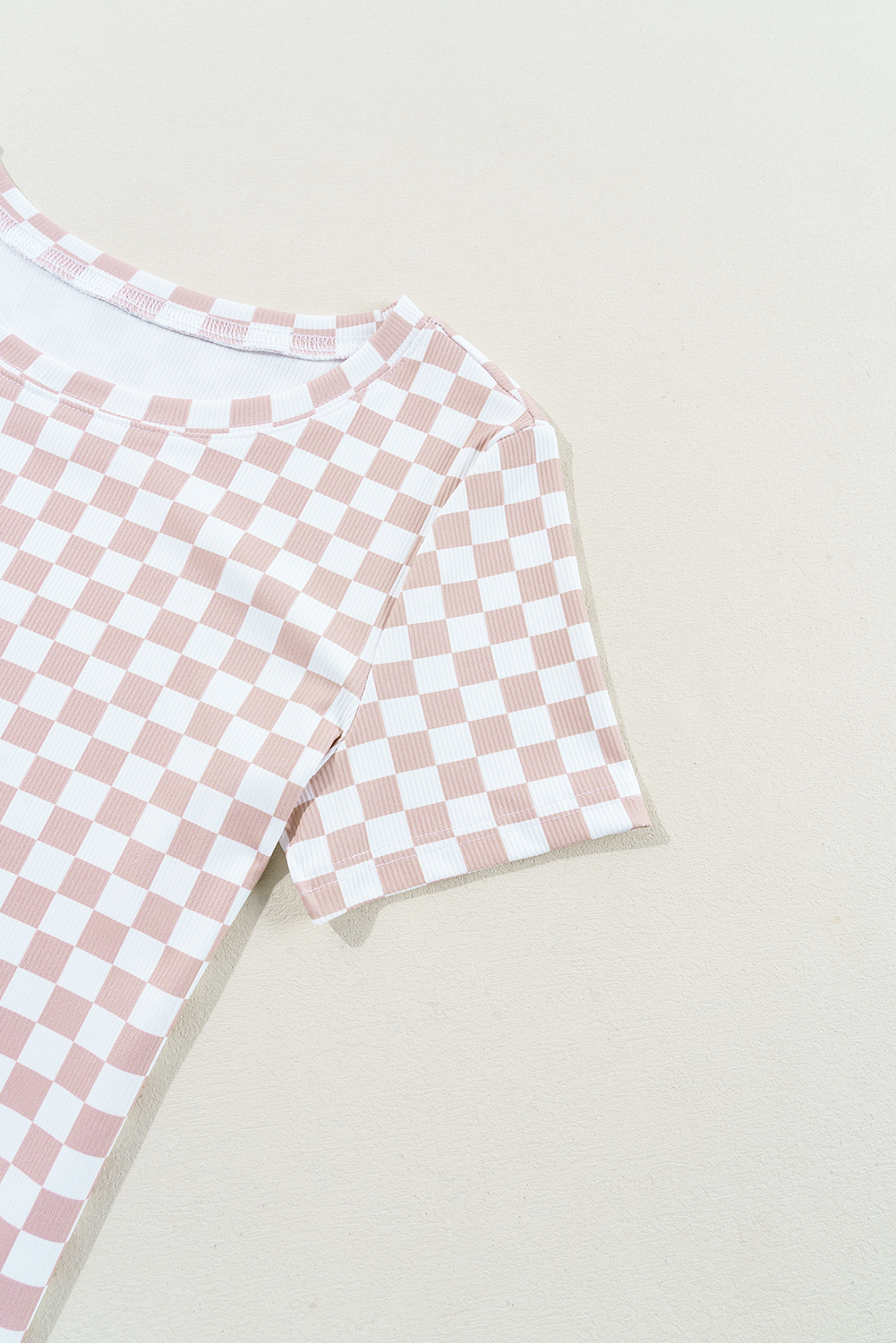 Pink Checkered Ribbed Slim Fit Crew Neck T Shirt