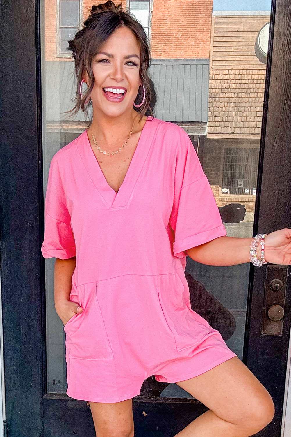 Bonbon Loose Half Sleeve V Neck Knit Romper