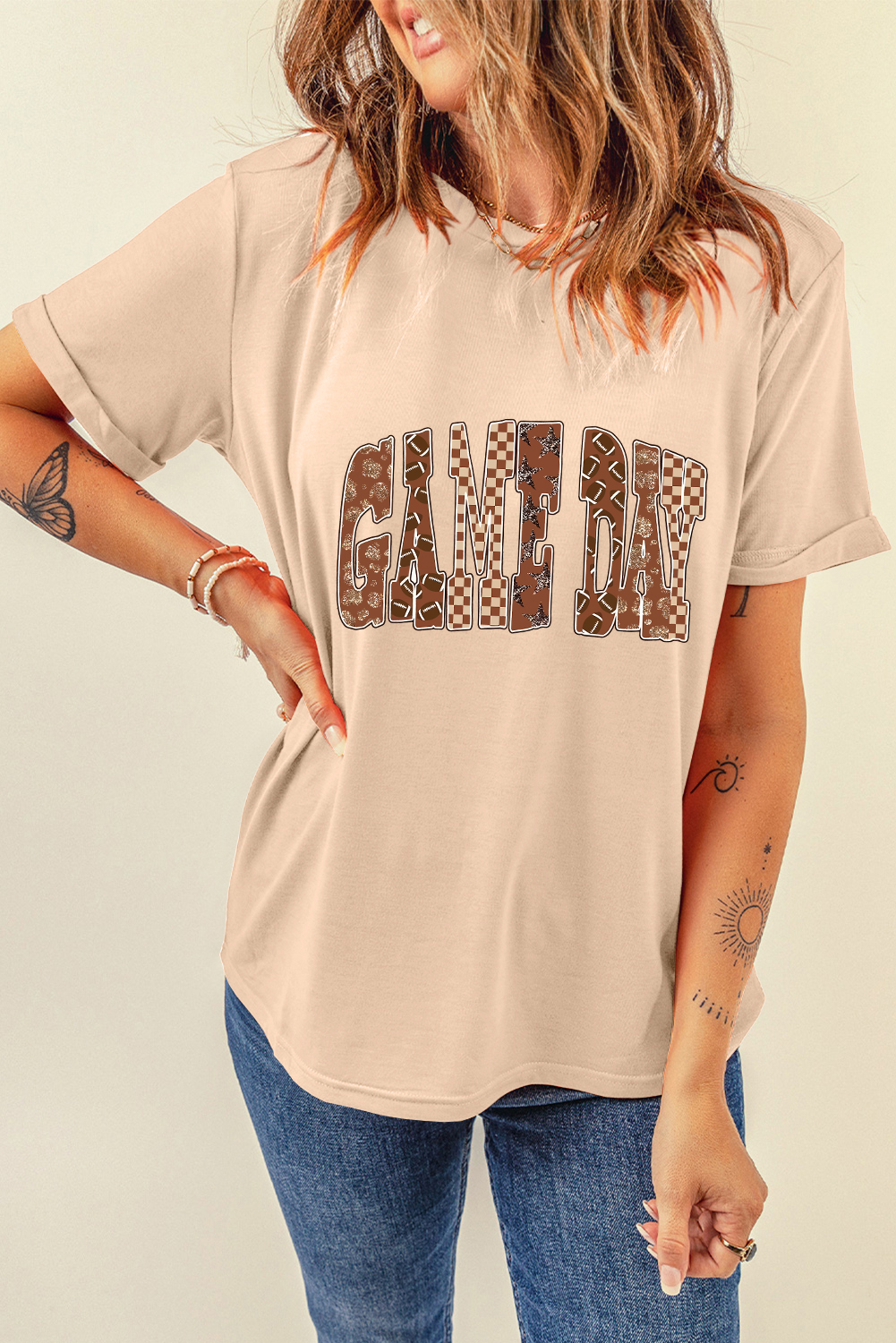 Khaki GAME DAY Rugby Checkered Letter Graphic T Shirt