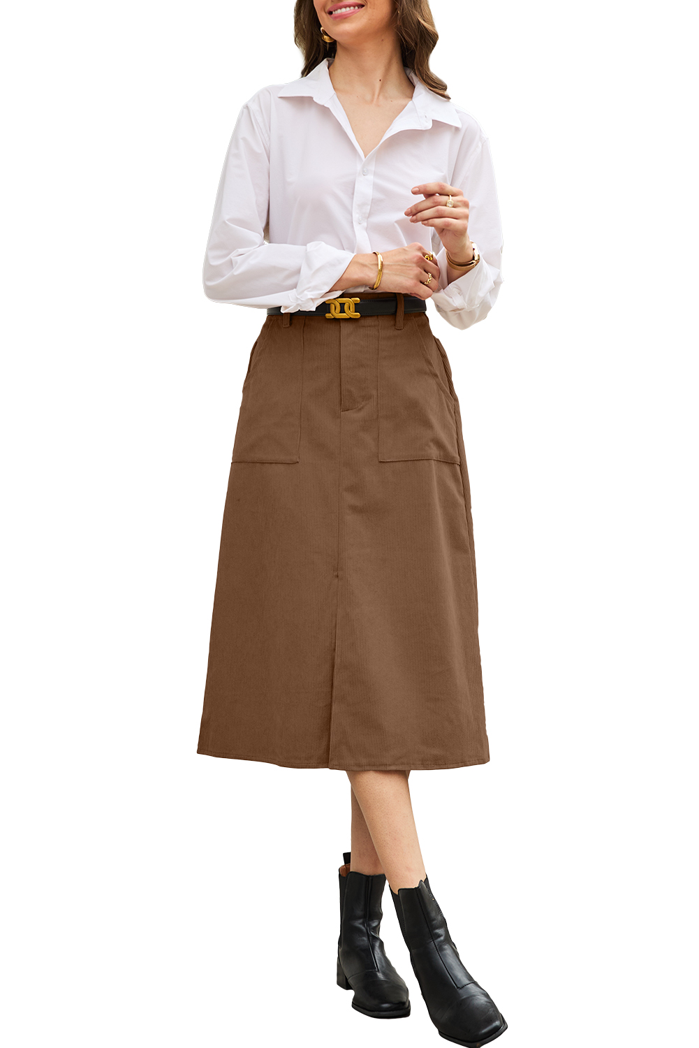 Coffee Front Slit Shift High Waist Midi Skirt