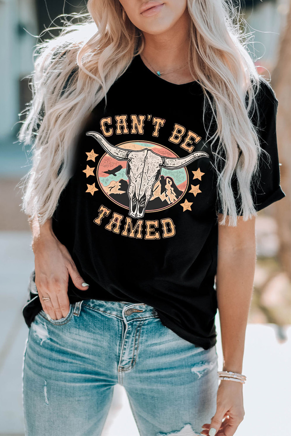 White Bull Skull American Flag Graphic Tee