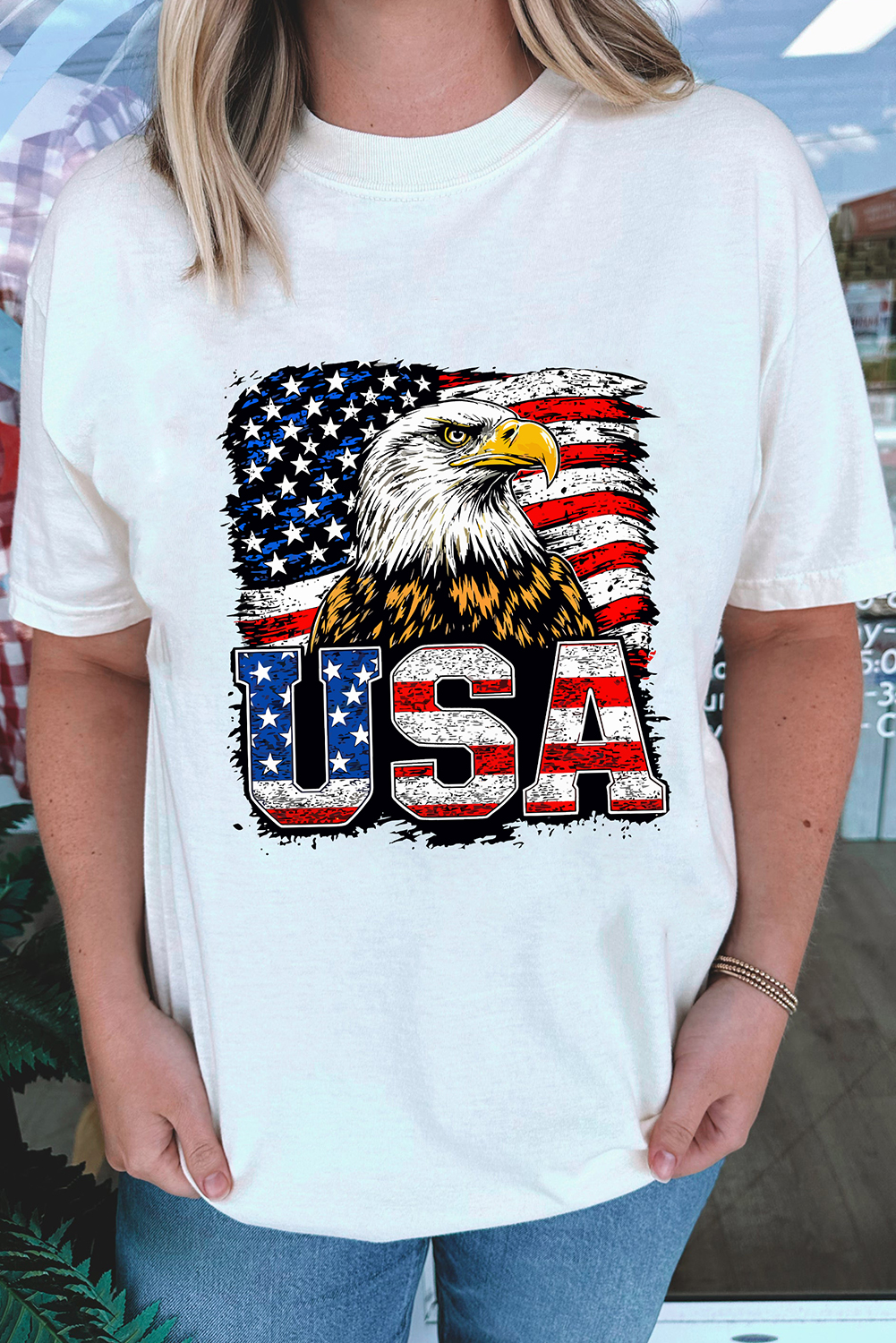 White USA Flag Eagle Graphic 4th July T Shirt