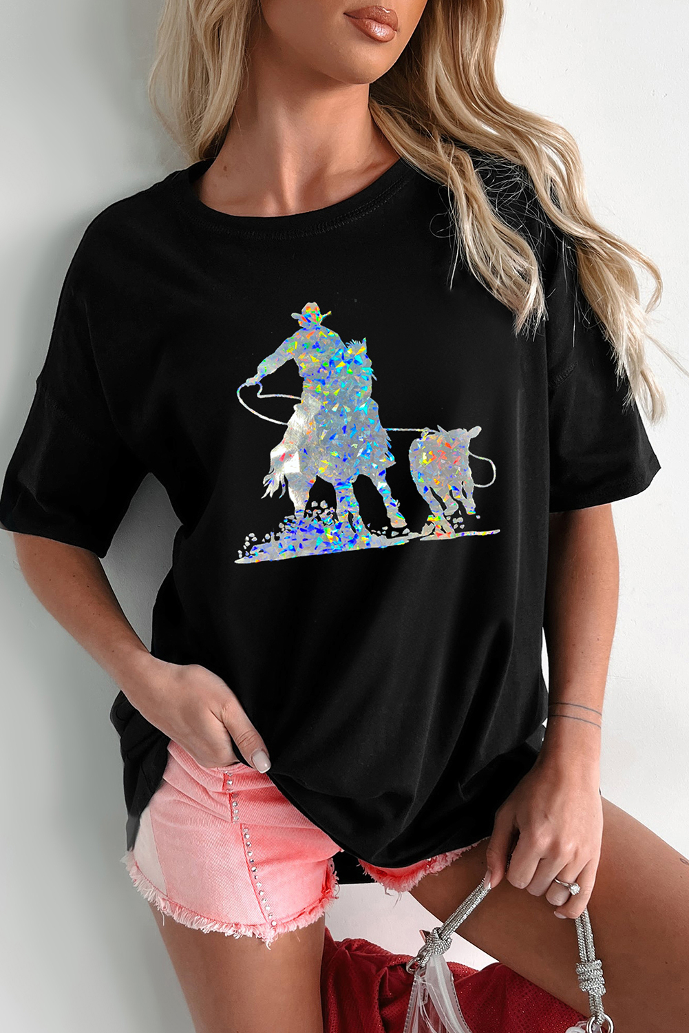 Black Laser Western Cowboy Graphic Crewneck Tee
