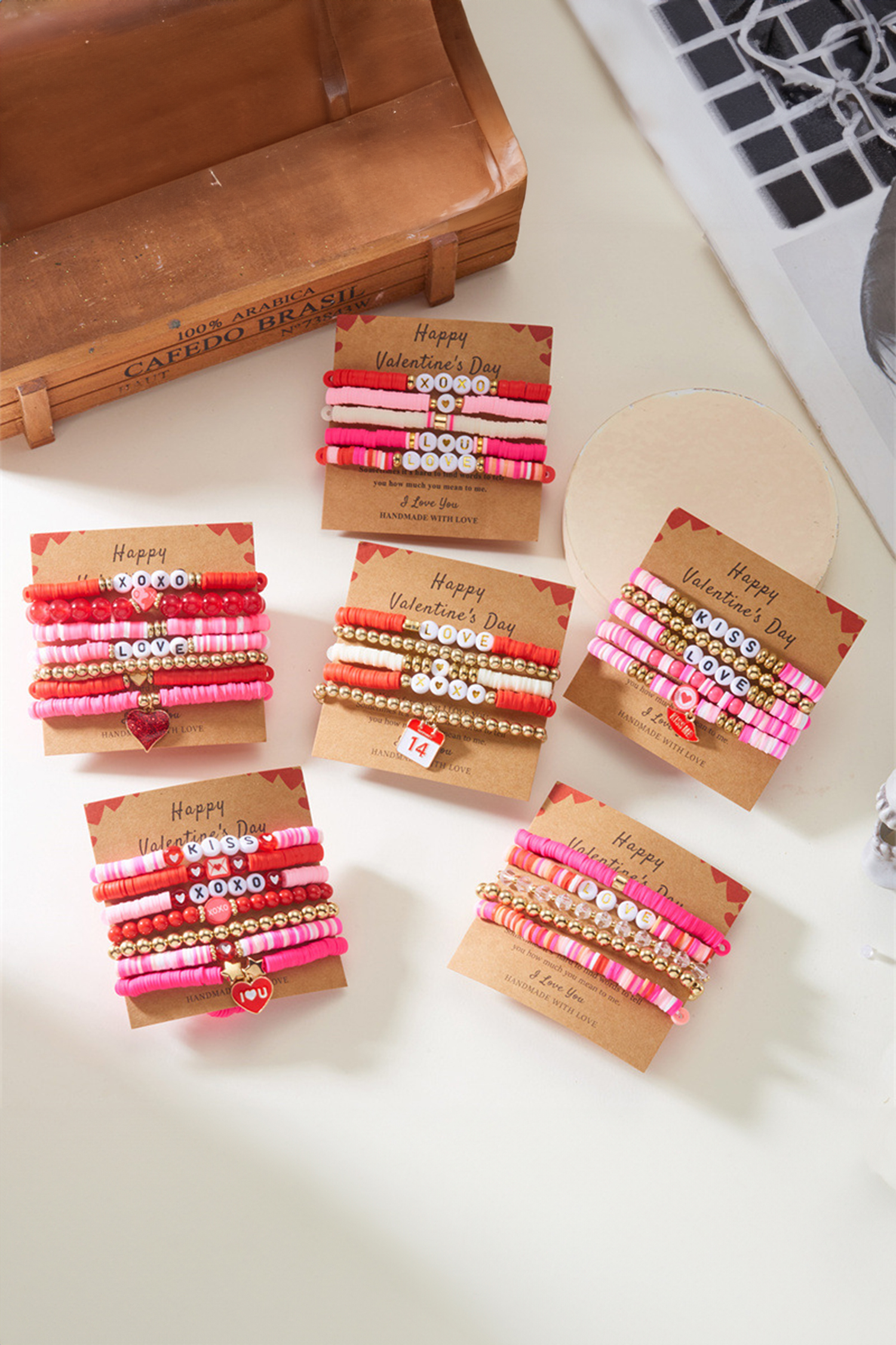 Gold Valentines Day Mixed Beads 5pcs Bracelet Set