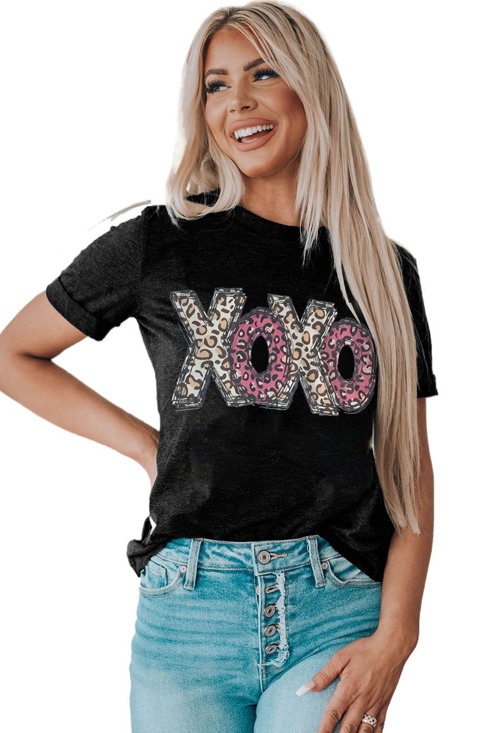 Black Leopard XOXO Print T Shirt