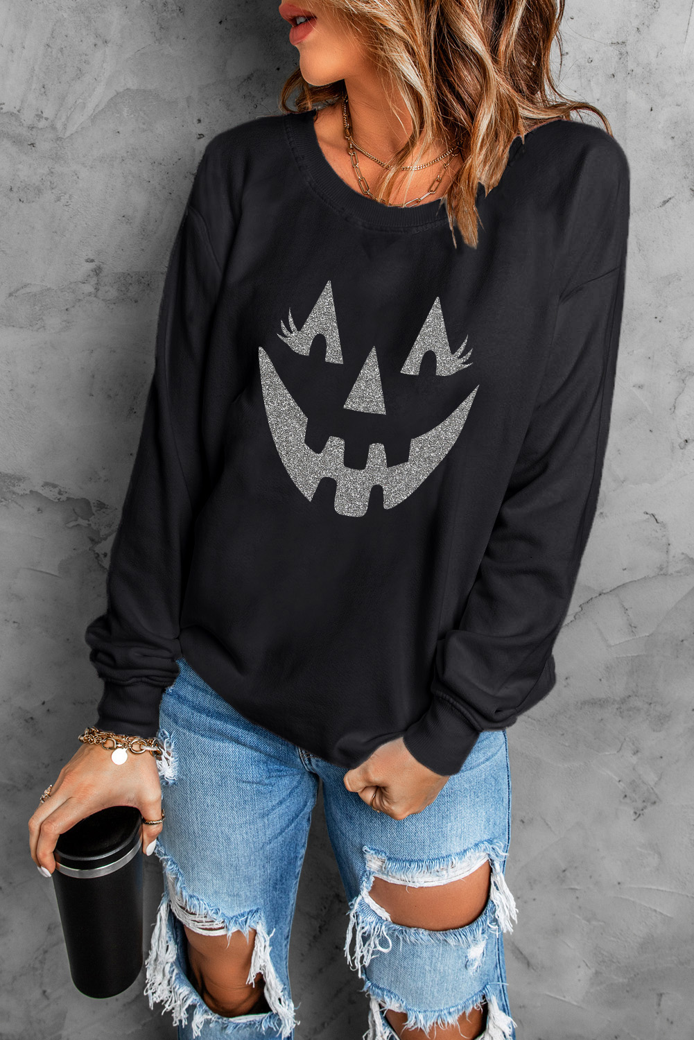 Black Spooky Face Printed Halloween Fashion Baggy Sweatshirt