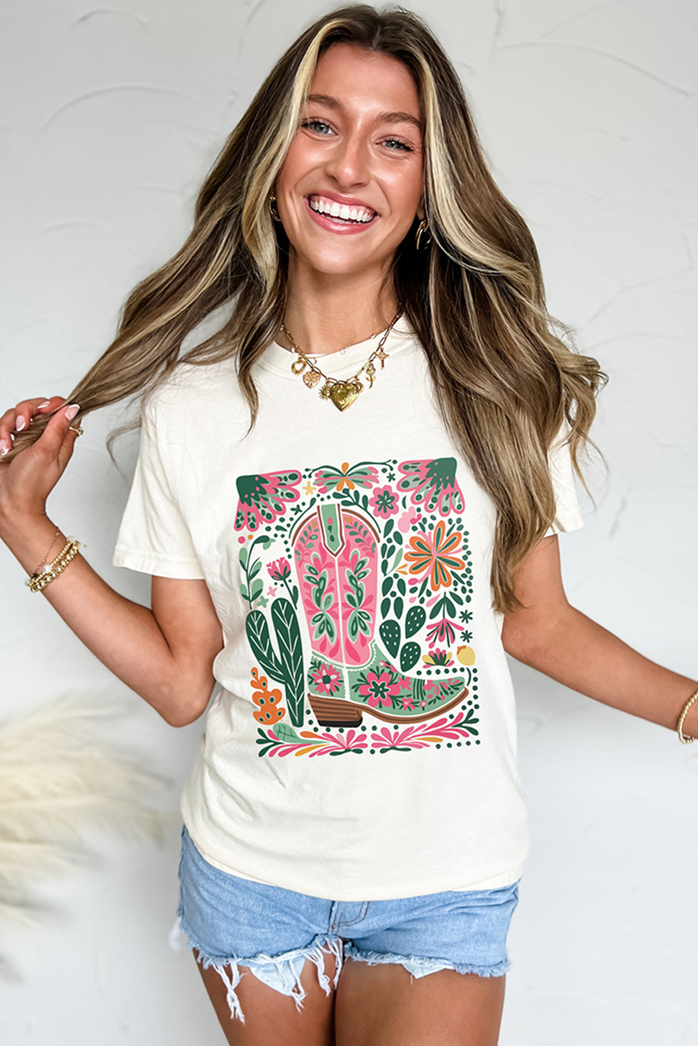 White Western Boot Flower Print Crew Neck Loose Tee
