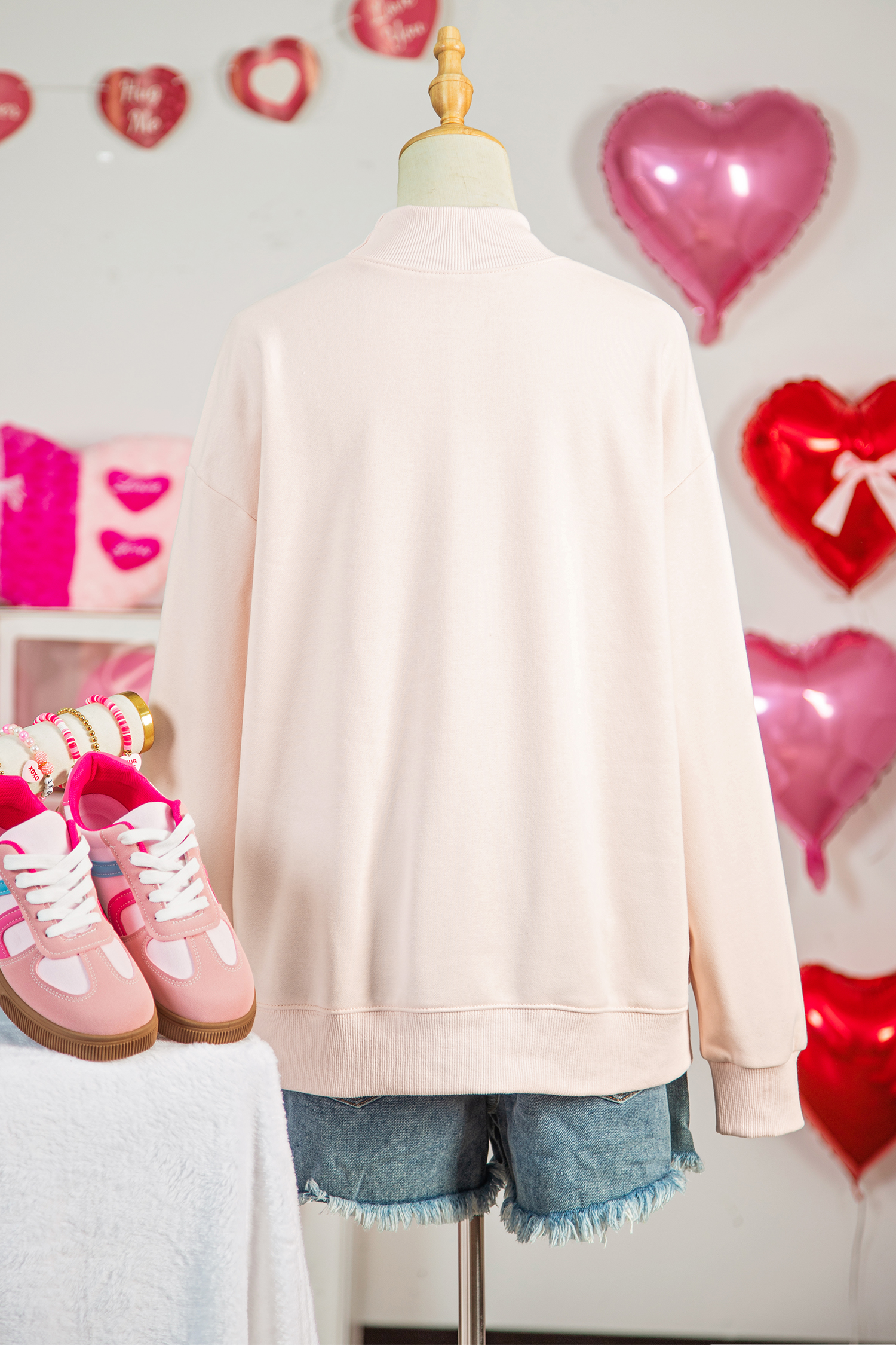 Apricot Pink Mock Neck Love Letter Embroidered Valentines Day Sweatshirt