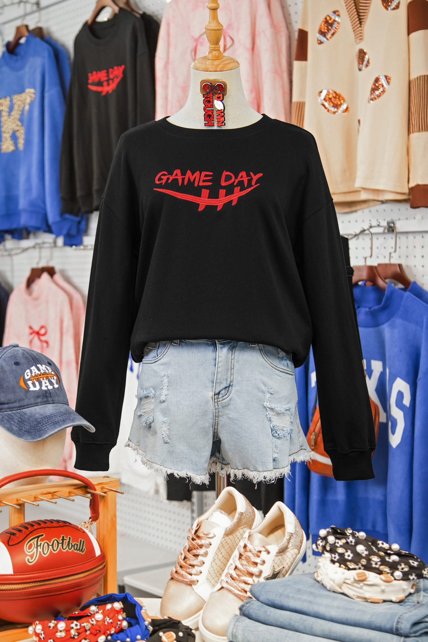 Black GAME DAY Embroidered Graphic Casual Pullover Sweatshirt
