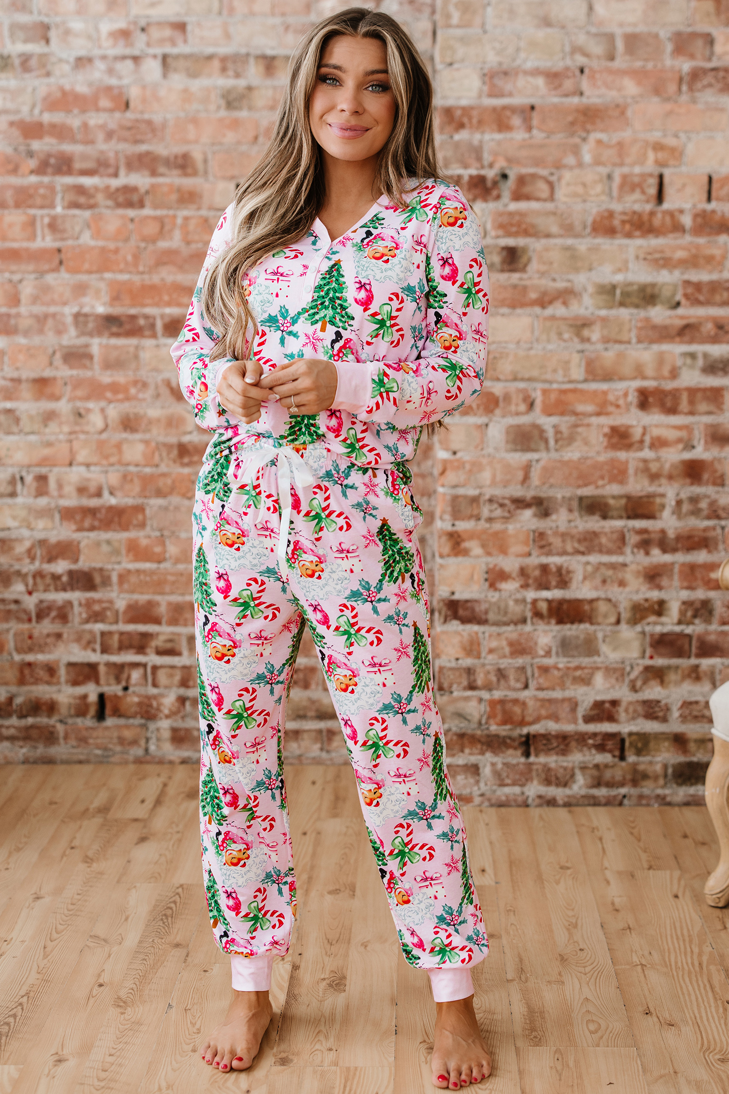 White Christmas Pattern Button V Neck Pullover Drawstring Pants 2pcs Lounge Set