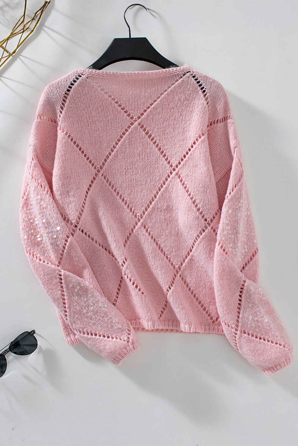 Dusk Blue Hollowed Rhombus Pattern Sequin Detail Round Neck Sweater