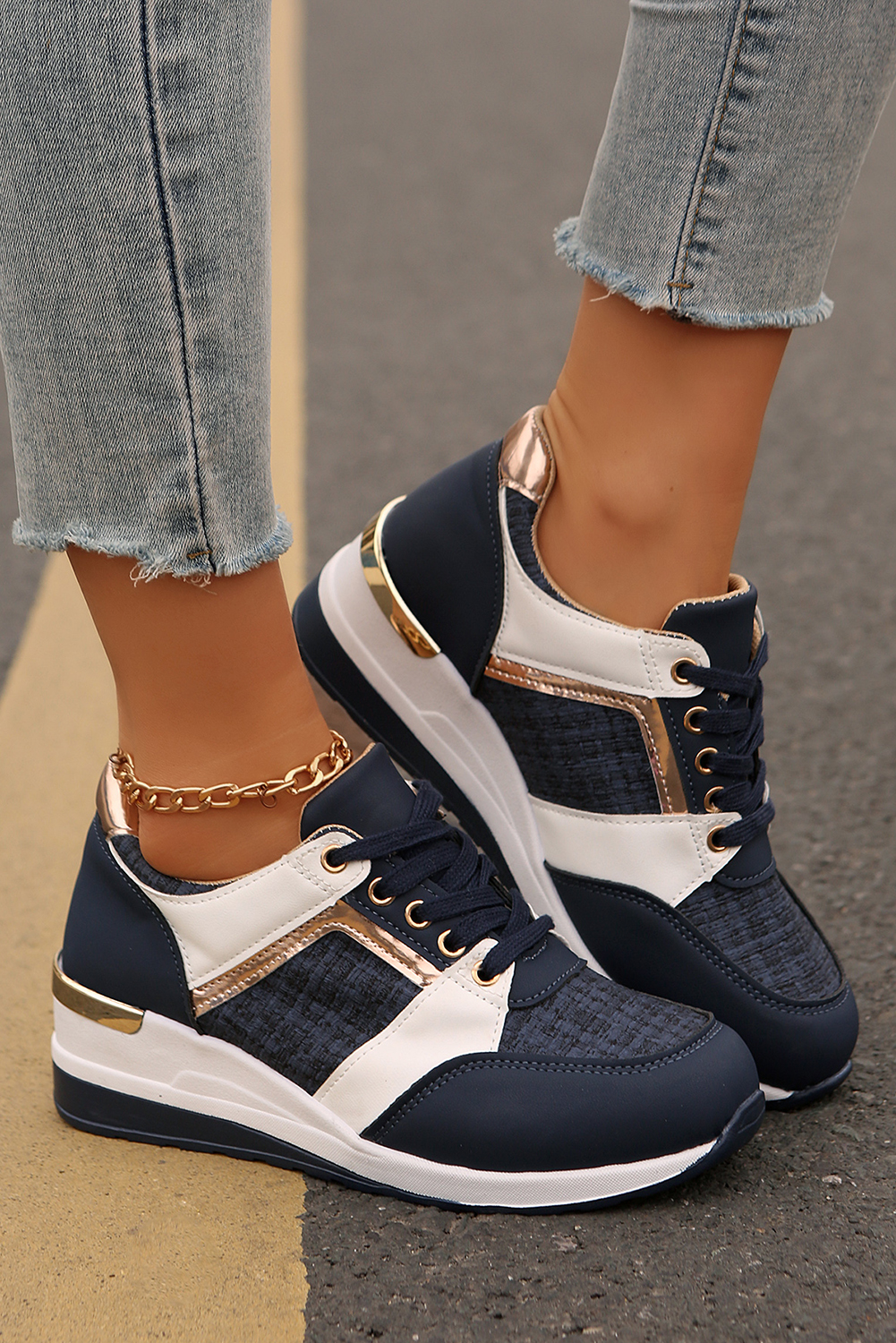 Blackish Green Glitter Patched Lace-up Wedge Sneakers