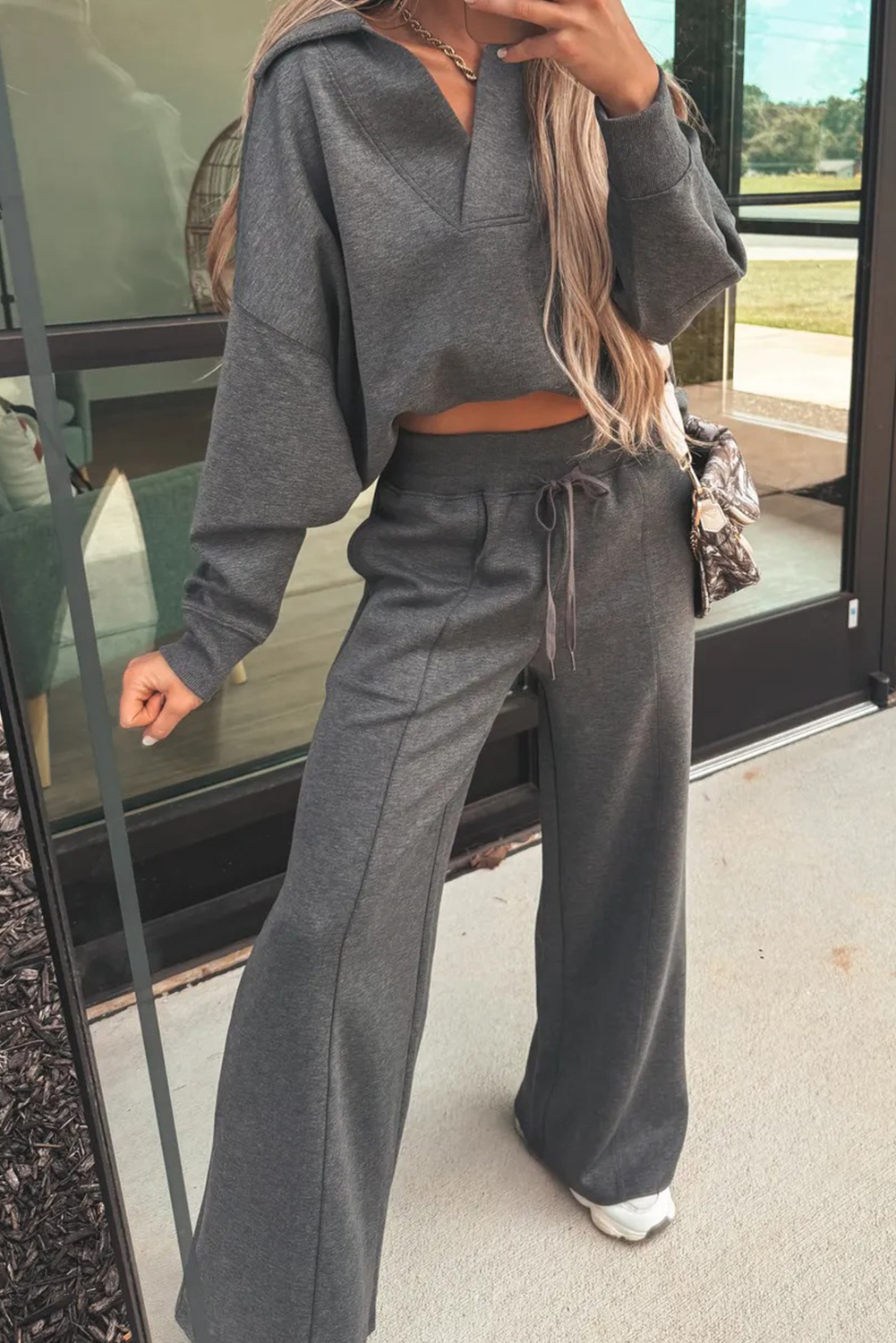 Bristol Black Collared V Neck Pullover Sweatshirt Sweatpants Set