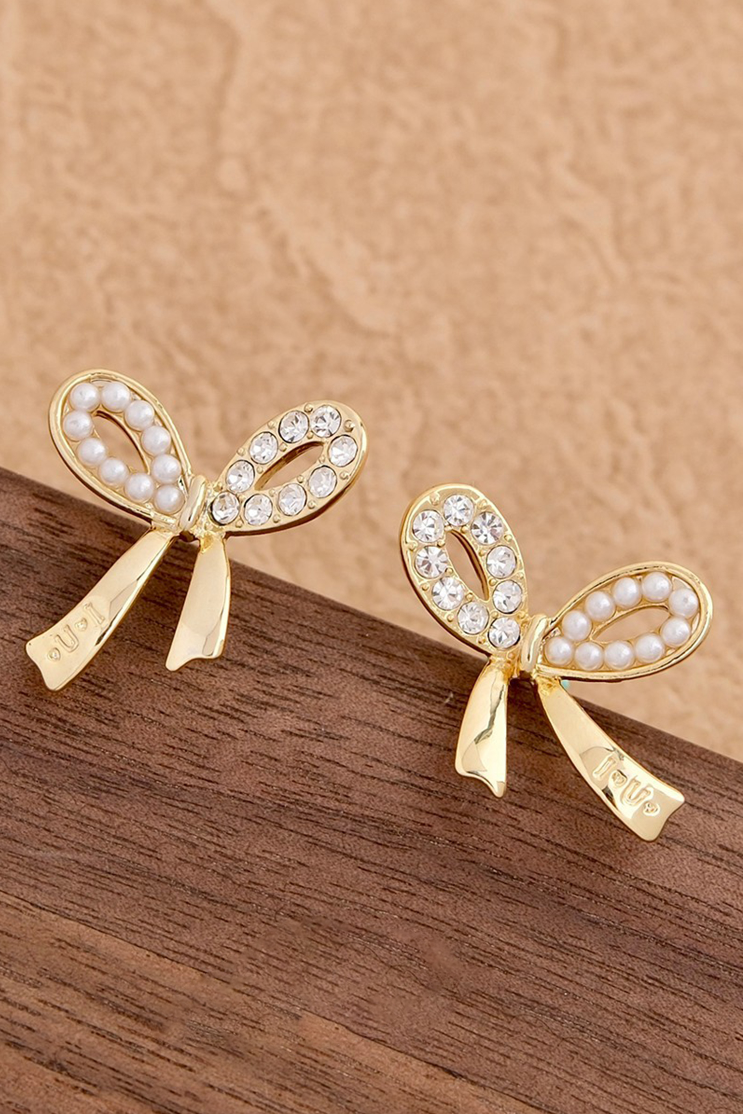 Gold Rhinestone Pearl Bow Earrings